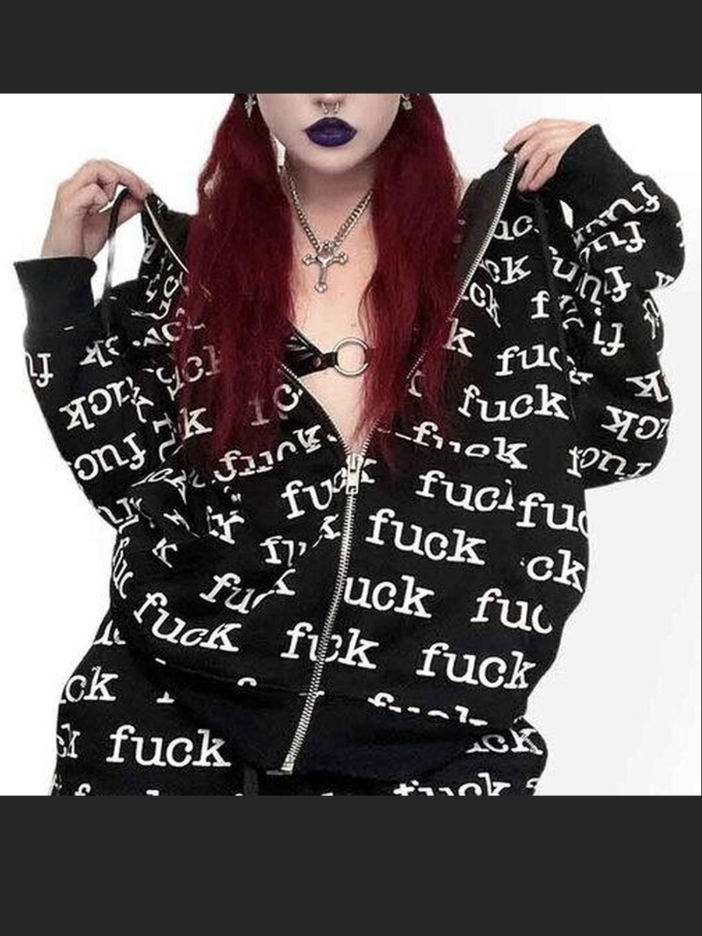 NWOT LIP SERVICE Black Graphic Zip Hoodie with All-Over White Text. M